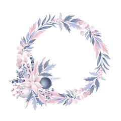 Fototapeta na wymiar Floral pastel wreath of eucalyptus, holly tree, poinsettia and Christmas decorations, hand drawn illustration on white background