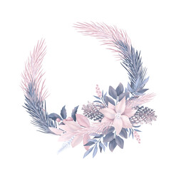 Conifer pastel wreath with poinsettia and winter plants, hand drawn illustration on white background