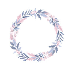 Floral pastel wreath of eucalyptus, holly tree and winter plants, hand drawn illustration on white background