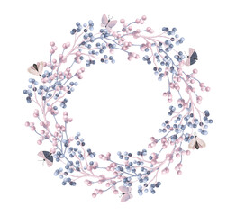 Floral pastel wreath with moths, hand drawn illustration on white background