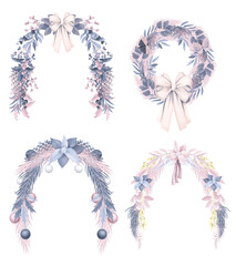 Christmas pastel floral garlands and wreath set, hand drawn illustration on white background