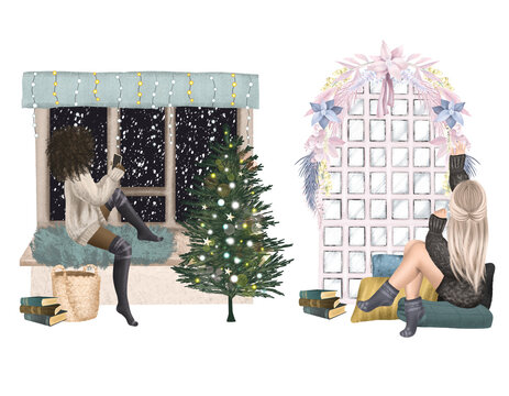 Illustration of white and afro american girls near the windows in Christmas eve at home, isolated illustration on white background