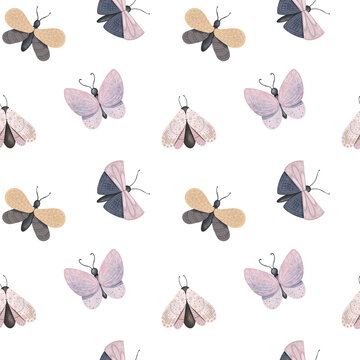 Seamless pattern of pastel moths and butterflies, hand drawn illustration on white background