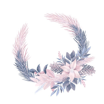 Conifer pastel wreath with poinsettia and winter plants, hand drawn illustration on white background
