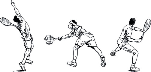 Set of hand sketches of tennis players. Vector illustration