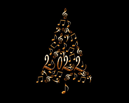 2022 Christmas Tree With Golden Metal Musical Notes Isolated On Black Background, Music New Year Card