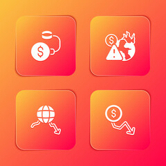 Set Debt ball chained to coin, Global economic crisis, and Dollar rate decrease icon. Vector