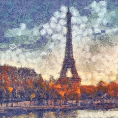 France, Paris painting art. Big sie, adaptive for print or graphic work. Postcard, poster, wall art template. Stylized in Vincent Van Gogh paintings style. Europe touristic place. Traveling artwork.