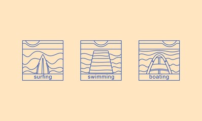 Set of line art labels and stamps. Types of recreation and entertainment on the water. Modern minimalistic style. Vector templates
