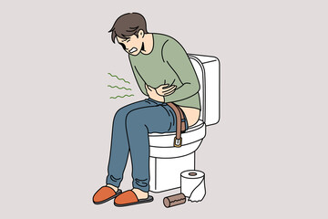 Having problems with stomach and diarrhea concept. Young man sitting on toilet touching belly feeling pain and having diarrhea vector illustration  - obrazy, fototapety, plakaty
