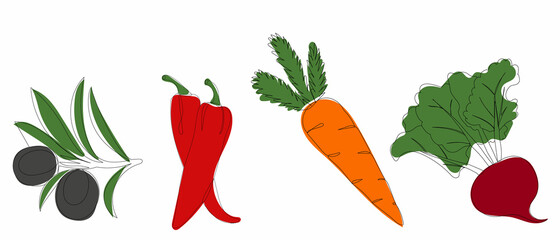 vegetables drawing by continuous line isolated, vector