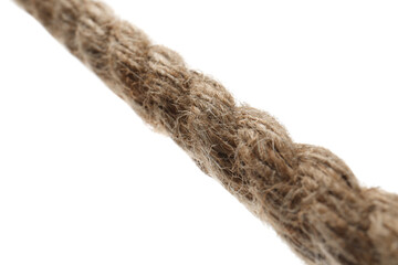 Hemp rope on white background, closeup. Organic material