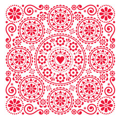 Valentine's Day vector greeting card or wedding invitation design - Scandinavian folk art style pattern with heart and flowers
