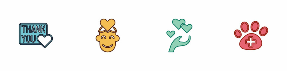 Set Thank you with heart, Volunteer, Heart in hand and Veterinary clinic icon. Vector