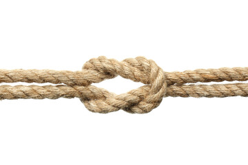 Fototapeta na wymiar Hemp ropes with square knot on white background, closeup