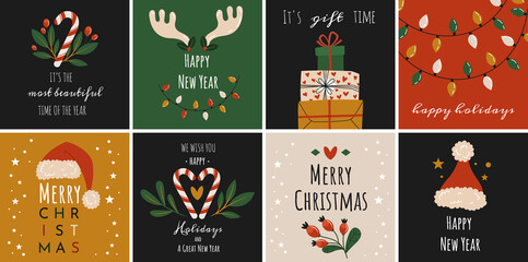 Cute holiday cards. A set of New Year and Christmas pictures with congratulations. 