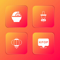 Set Ramen, Korean hat, lantern and K-pop icon. Vector