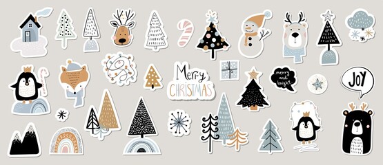 Christmas winter stickers collection for kids, seasonal design, cute animals and elements for scrapbook - obrazy, fototapety, plakaty