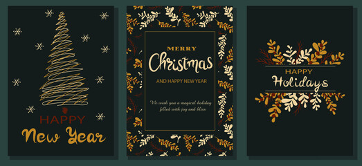 
Merry Christmas and Happy new year greeting cards. Modern creative universal templates with Christmas plants.  Vector illustration
