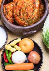 Delicious kimchi, a traditional kkorean food ingredients for kimchi and ingredients for...