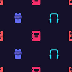 Set Headphones, Foreign language online study, Notebook and New chat messages notification on seamless pattern. Vector