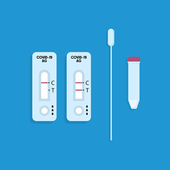 COVID-19, Antigen test kit (ATK) with a nasal swab.Vector illustration. flat design isolated on blue background. 