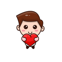Cartoon Cute Little BoyHolding Heart.kawaii Little Boy with Heart