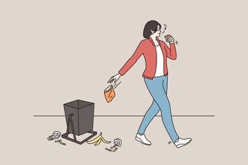 Young woman throw away garbage littering on street, not care about environment. Careless girl show bad manners behavior, skip trash bin. Air pollution problem concept. Vector illustration. 