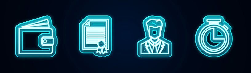 Set line Wallet, Certificate template, User of man in business suit and Stopwatch. Glowing neon icon. Vector