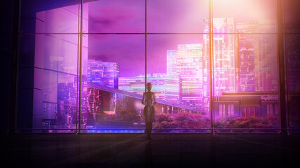 Naklejka premium Android in front of a panoramic window overlooking the night city, 3D render.