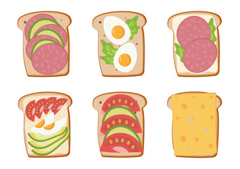 Toast with egg, cheese, tomato, sausage and avacado. Breakfast sandwiches, top view