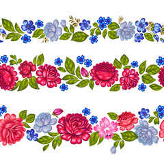 Seamless floral rim with large roses in folk style. Floral seamless border frames isolated on white.