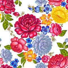 Floral seamless pattern in folk style. Colorful large roses isolated on white. Decorative summer botanical background for fashion prints, fabric, textile or bedding. Traditional Russian motif.