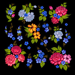 Floral sets made of roses bunches and leaves in folk style. Botanical collection isolated on black.