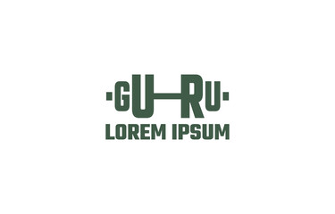 Logo made from world "Guru". Exercise machine, dumbbell, exercise