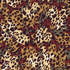 Seamless pattern made of leopard spots skin texture mixed with large colorful brush strokes background. Spotted sophisticated ornament. Fashion style. Good for wrapping, textile and fabric.