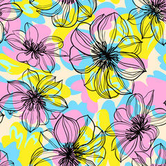 Abstract large flower buds in bloom. Floral seamless pattern, summer motif. Colorful flat design with line art. Botanical background for fabric, textile, wallpaper and wrapping.