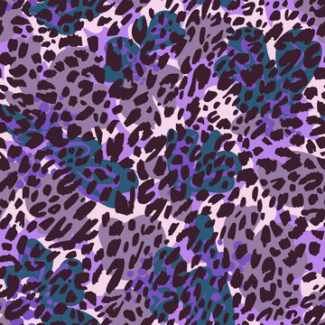 Seamless pattern made of leopard spots skin texture mixed with large colorful brush strokes background. Spotted sophisticated ornament. Fashion style. Good for wrapping, textile and fabric.