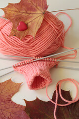 autumn maple leaves with pastel pink wool yarn and needles