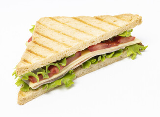 Toast bread with cheese, ham, tomatoes and salad