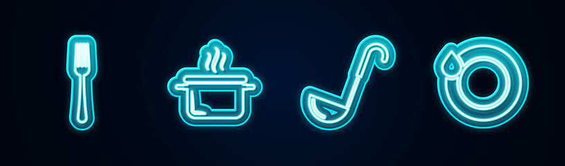 Set line Fork, Cooking pot, Kitchen ladle and Washing dishes. Glowing neon icon. Vector
