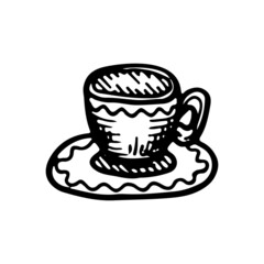 A cup for tea or espresso with a saucer. Ceramic tableware. Decoration element for holiday party. Hand drawn line vector illustration in doodle style.