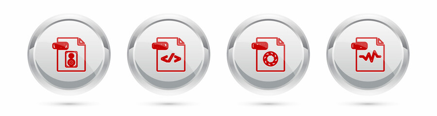 Set line WAV file document, HTML, RAW and MP3. Silver circle button. Vector