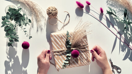 Eco friendly decorations - recycled craft wrapping paper, dry pampas grass, fresh natural...
