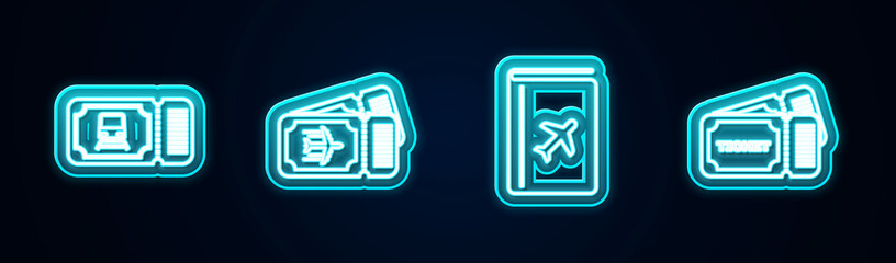 Set line Train ticket, Airline, Cover book travel guide and Ticket. Glowing neon icon. Vector