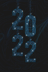 Abstract isolated blue image of new year number 2022. Polygonal low poly wireframe illustration looks like stars in the blask night sky in spase or flying glass shards. Digital web, internet design. © Katsiaryna