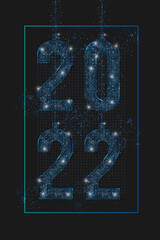 Abstract isolated blue image of new year number 2022. Polygonal low poly wireframe illustration looks like stars in the blask night sky in spase or flying glass shards. Digital web, internet design. © Katsiaryna