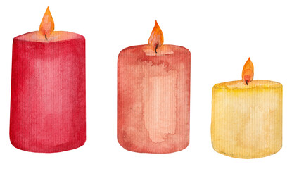 Beautiful watercolor collection, three multi-colored candles of different sizes isolated on white background. 