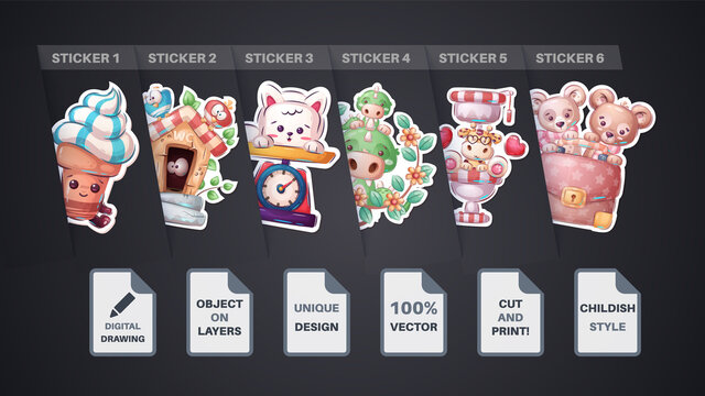 Set sticker - ice, cream, icecream, crocodile, bear, diplomat, toilet, wc, bird, cat, kitty, scale, giraffe