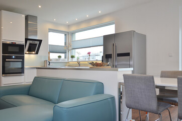 Fototapeta na wymiar modern cosy living room with blue sofa